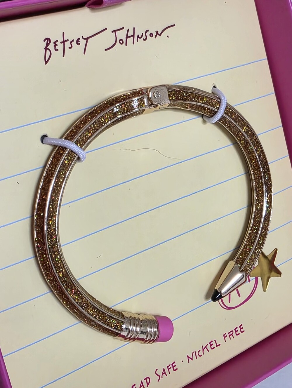 Betsey Johnson Gold Glitter Pencil & Star Charm Bangle with Pink Eraser